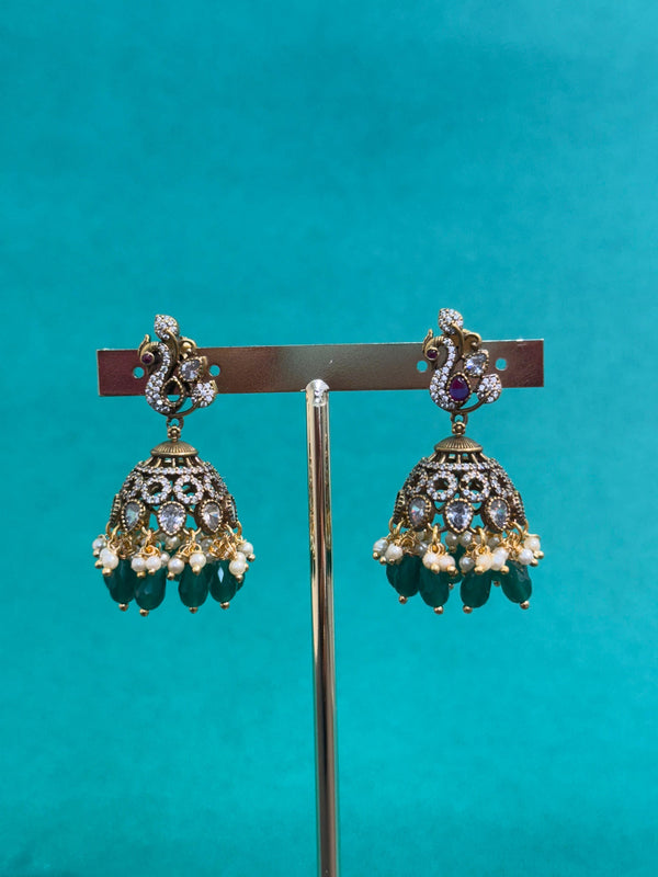 TRENDING JHUMKA'S IN PREMIUM BRASS MATERIAL WITH CUBIC ZIRRCONIA STONES AND ANTIQUE POLISH