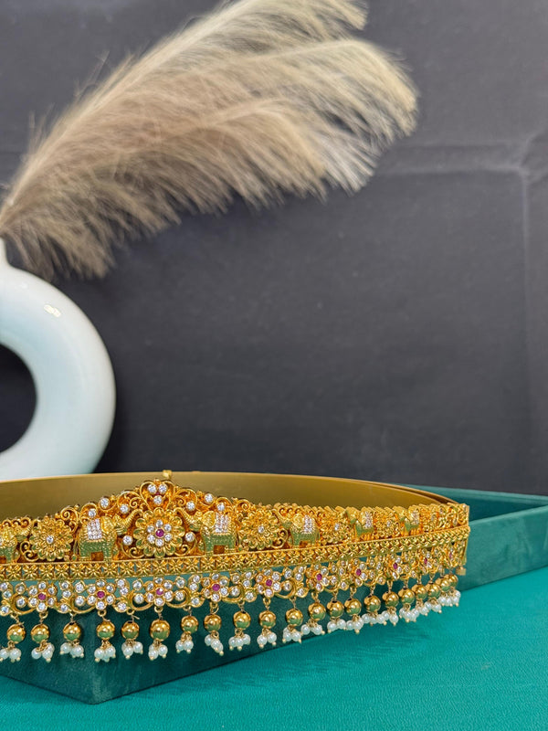 TRENDING ELEPHANT VADDANAM WITH PREMIUM BRASS MATERIAL AND GOLD BEADS FALL