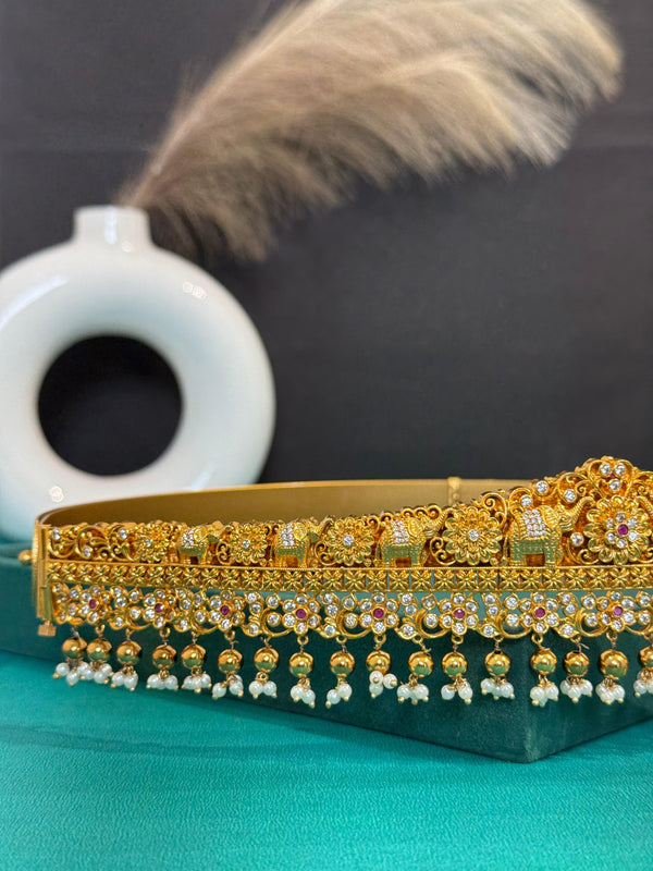 TRENDING ELEPHANT VADDANAM WITH PREMIUM BRASS MATERIAL AND GOLD BEADS FALL